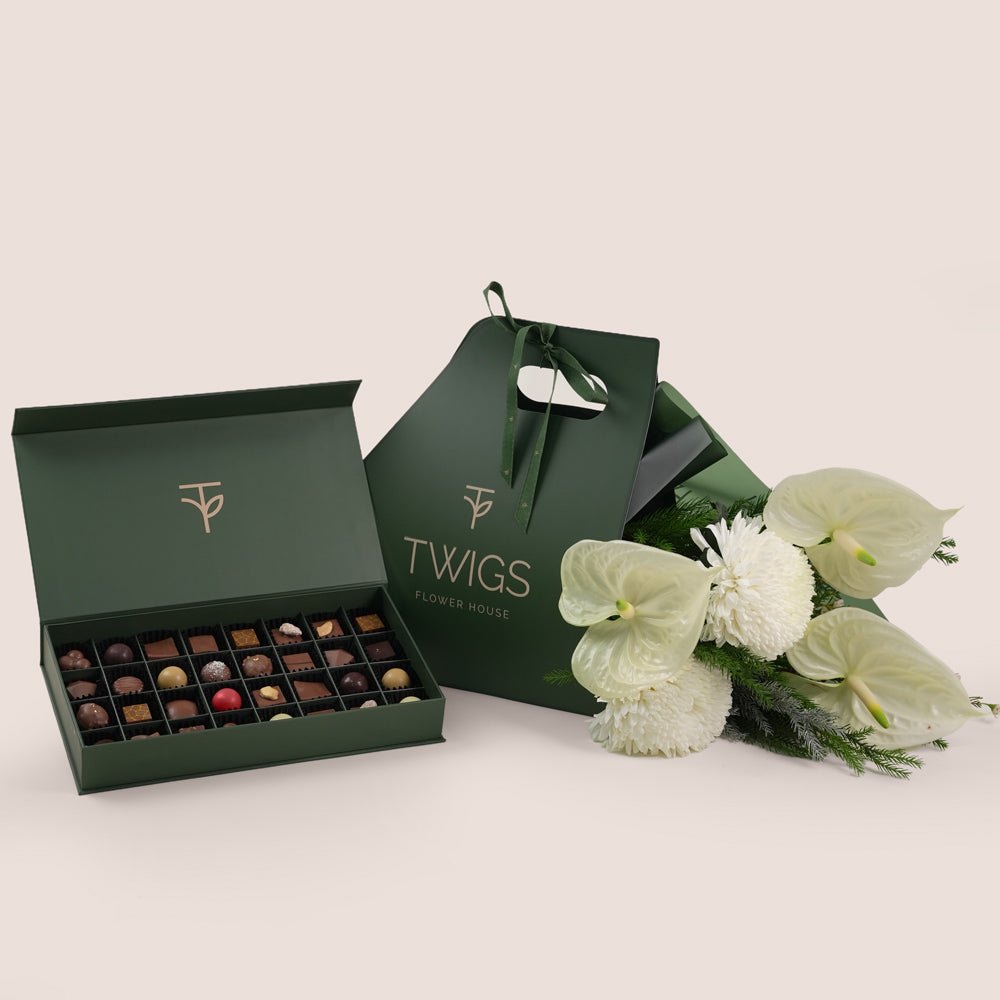 White Anthurium & Magnum Mums Bouquet with a Box of Premium Chocolate Bites