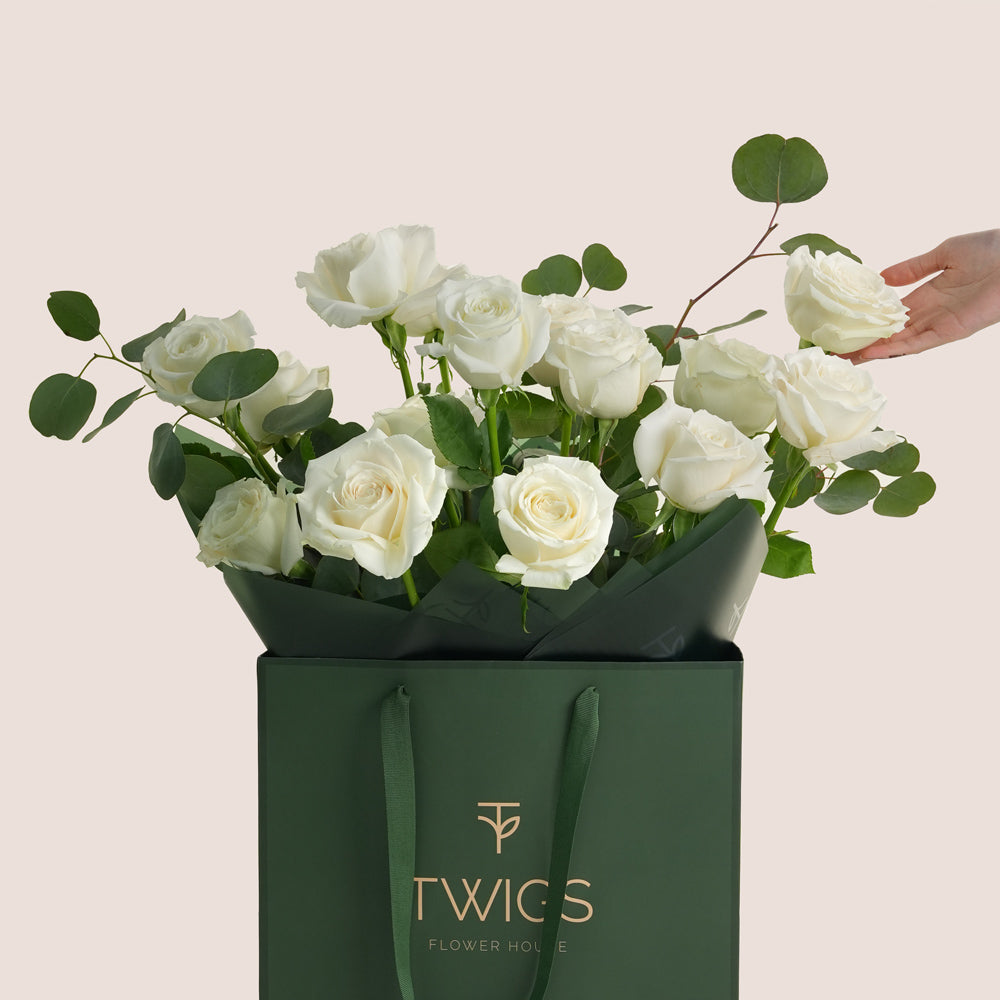 White Rose New Year Bouquet in TWIGS Bag | New Year Flowers Dubai