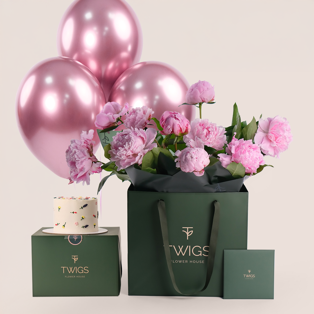 Hand-Tied Peonies Birthday Bundle | Elegant Bouquet in TWIGS Signature Bag