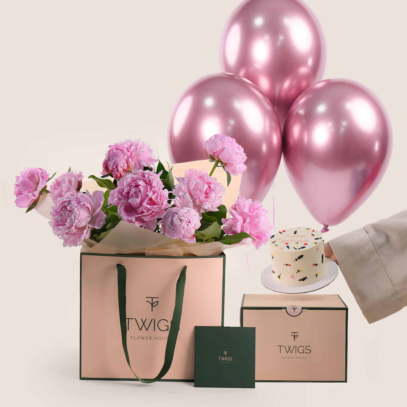 Hand-Tied Peonies Birthday Bundle | Elegant Bouquet in TWIGS Signature Bag