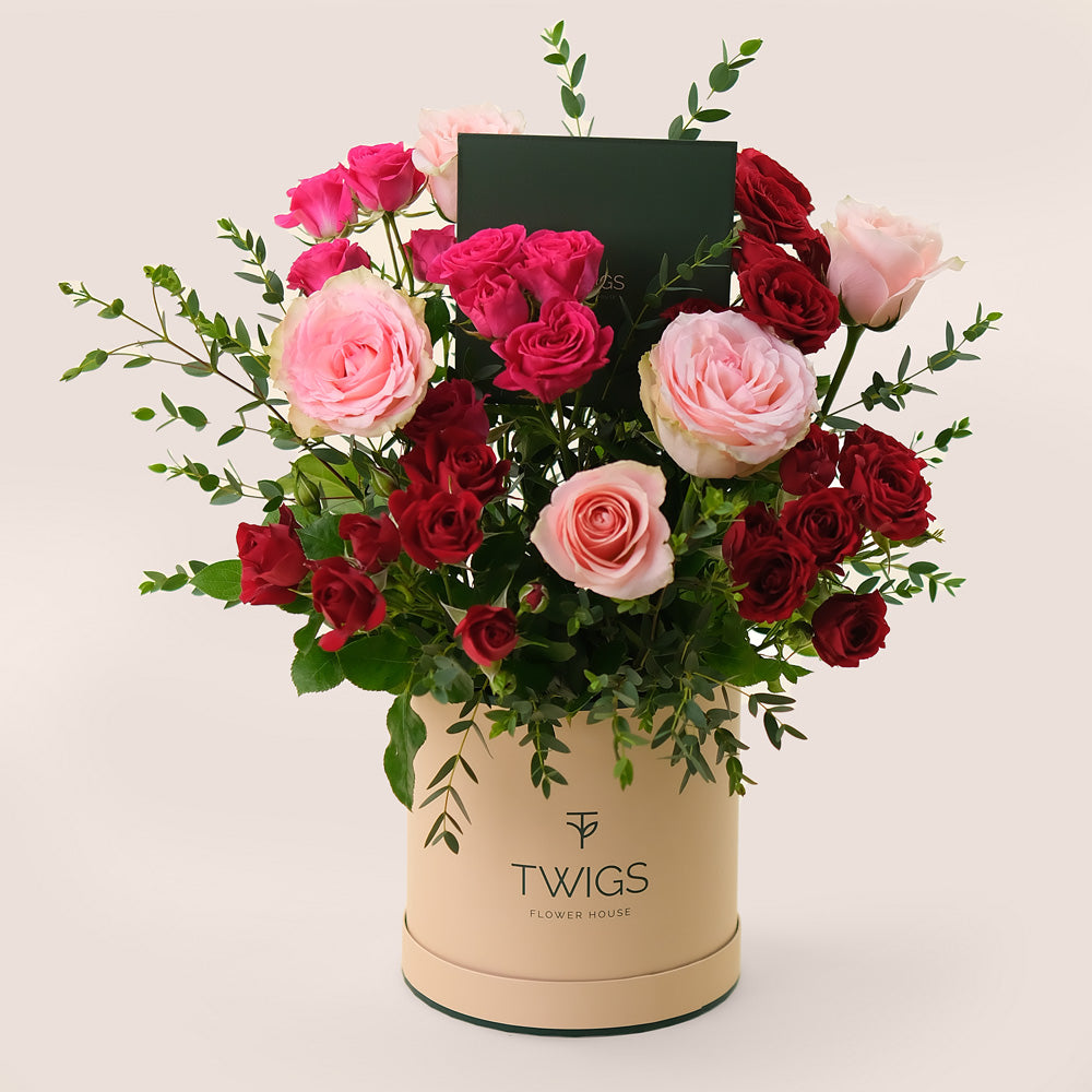 Rose Harmony Flower Box – Fuchsia, Red & Garden Roses in Deluxe Round Box