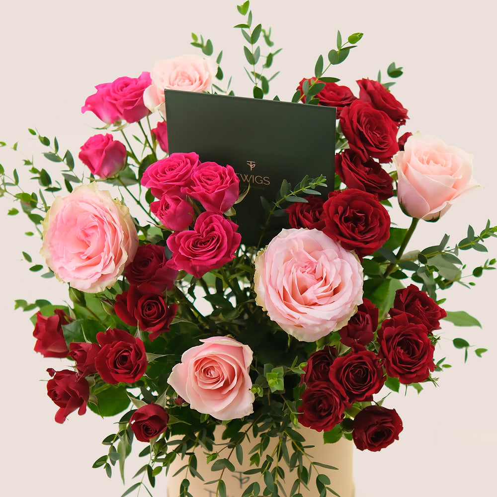 Rose Harmony Flower Box – Fuchsia, Red & Garden Roses in Deluxe Round Box