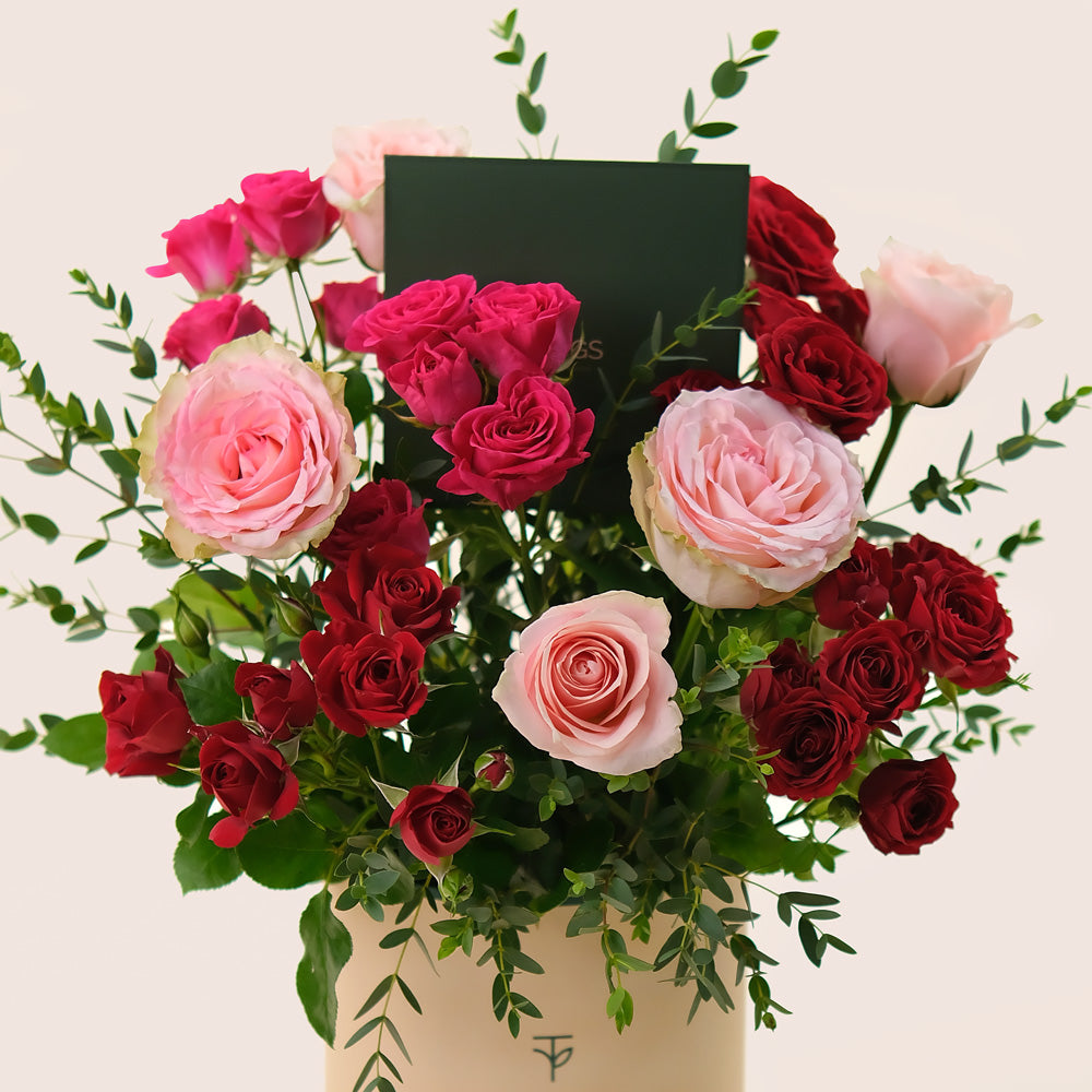 Rose Harmony Flower Box – Fuchsia, Red & Garden Roses in Deluxe Round Box