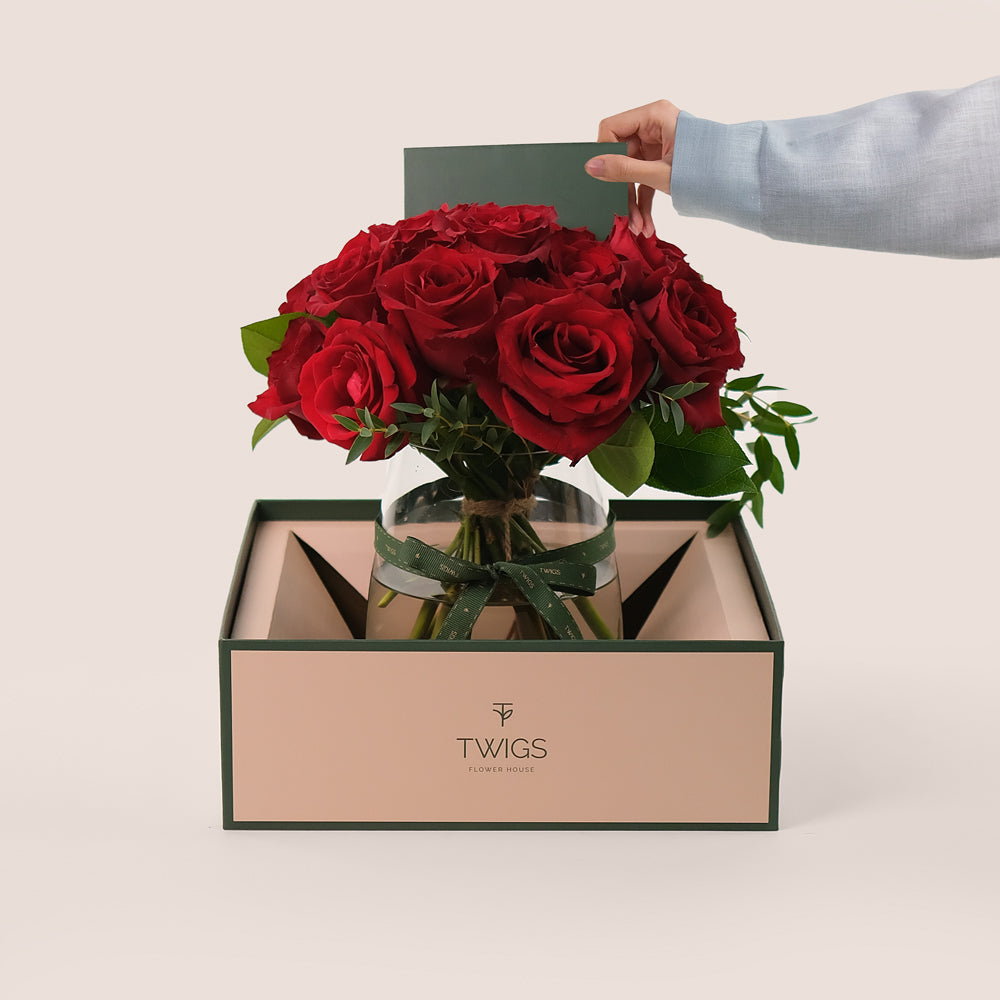 A Dozen Red Roses – Petite Flower Vase Elegance – A Timeless Symbol of Love and Affection