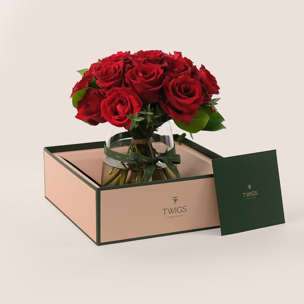 A Dozen Red Roses – Petite Flower Vase Elegance – A Timeless Symbol of Love and Affection