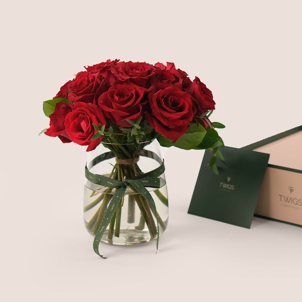 A Dozen Red Roses – Petite Flower Vase Elegance – A Timeless Symbol of Love and Affection