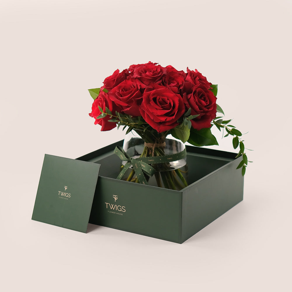 A Dozen Red Roses – Petite Flower Vase Elegance – A Timeless Symbol of Love and Affection