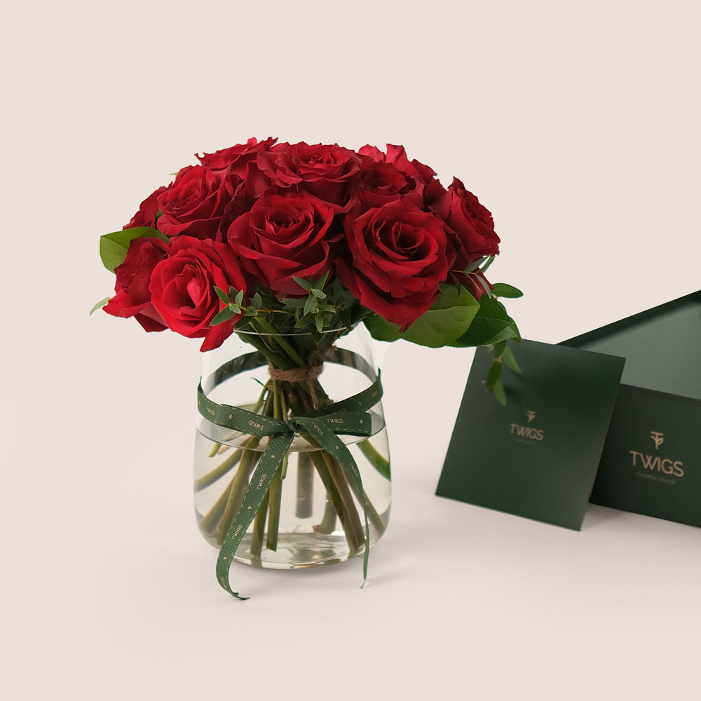 A Dozen Red Roses – Petite Flower Vase Elegance – A Timeless Symbol of Love and Affection