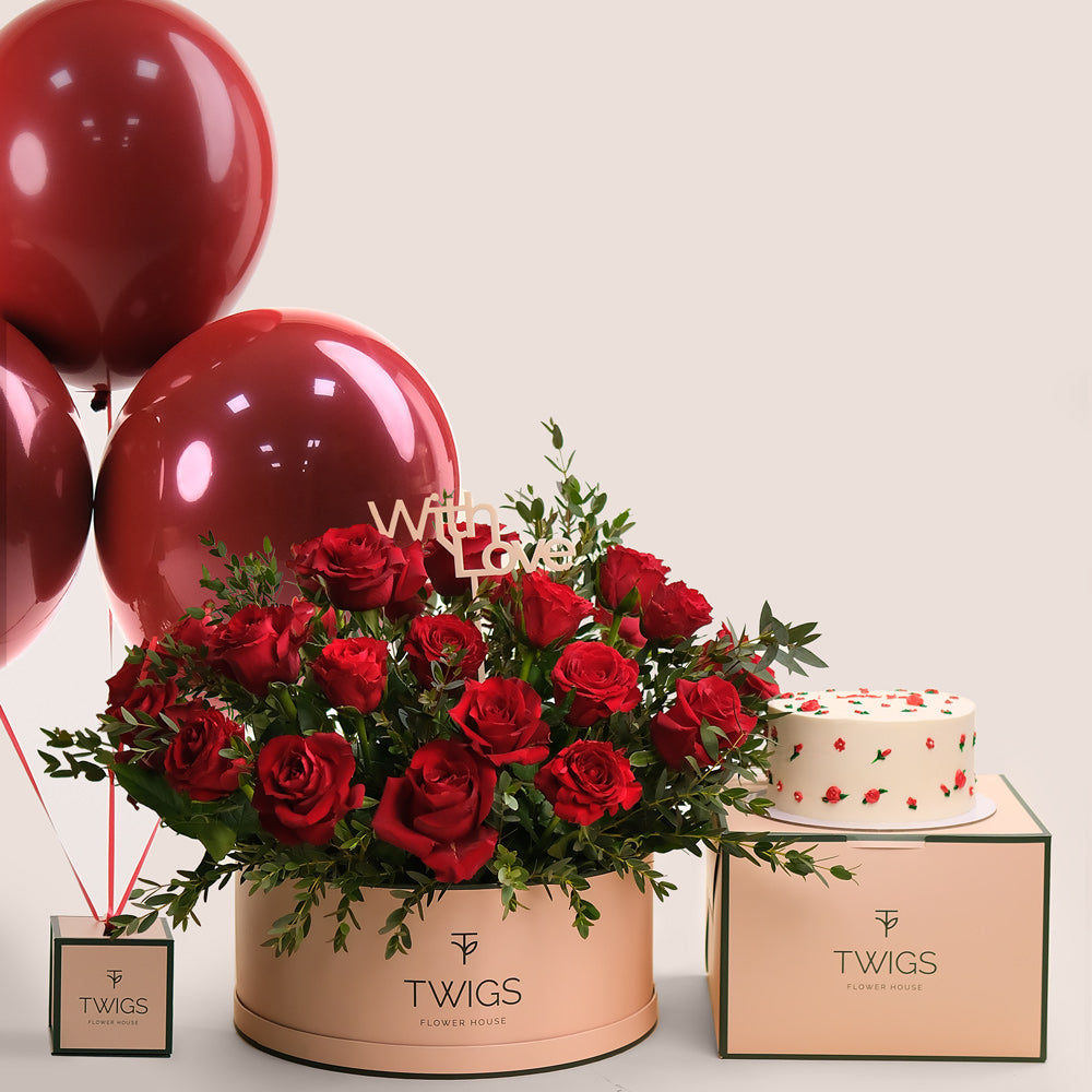 Love's Grandeur – Red Roses, Balloons & ‘I Love You’ Cake