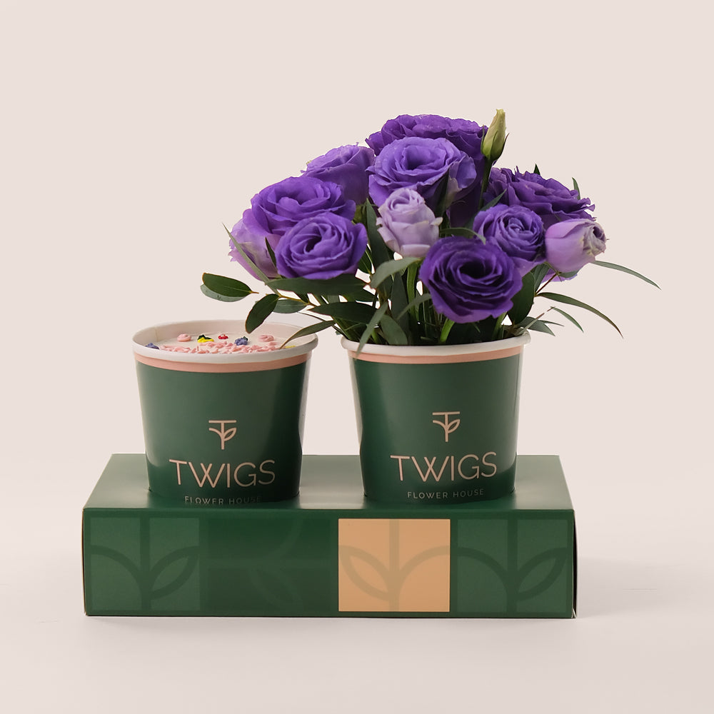 Purple Elegance Combo – Flowers & Cake – A Unique Gift of Style and Sweetness