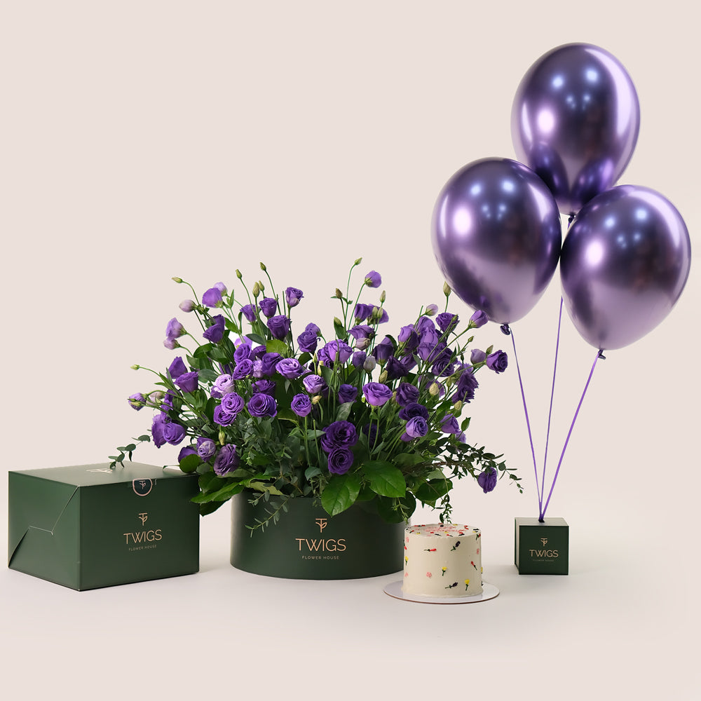 Purple Majesty Birthday Box – Luxurious Flowers, Cake & Balloons – A Royal Celebration in Bloom