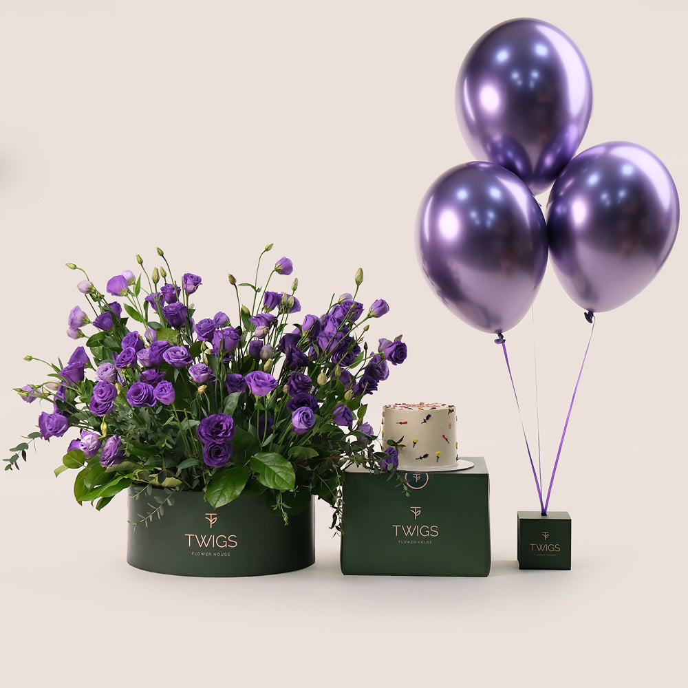 Purple Majesty Birthday Box – Luxurious Flowers, Cake & Balloons – A Royal Celebration in Bloom