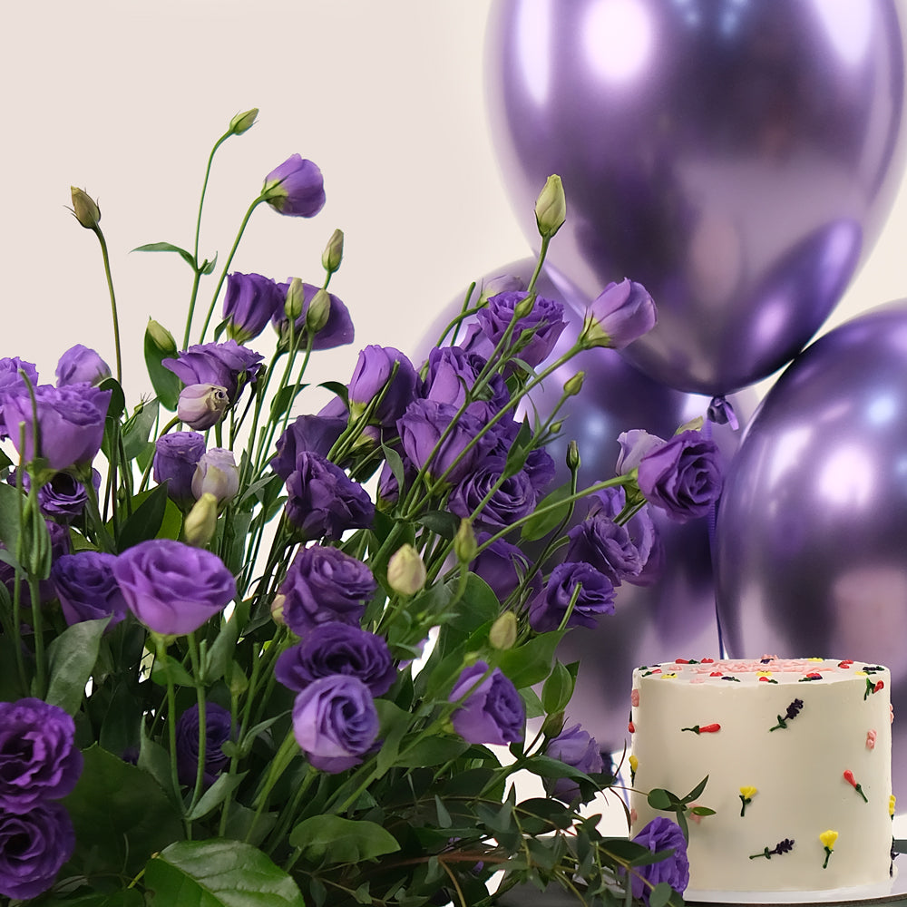 Purple Majesty Birthday Box – Luxurious Flowers, Cake & Balloons – A Royal Celebration in Bloom