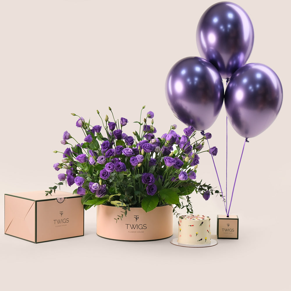 Purple Majesty Birthday Box – Luxurious Flowers, Cake & Balloons – A Royal Celebration in Bloom