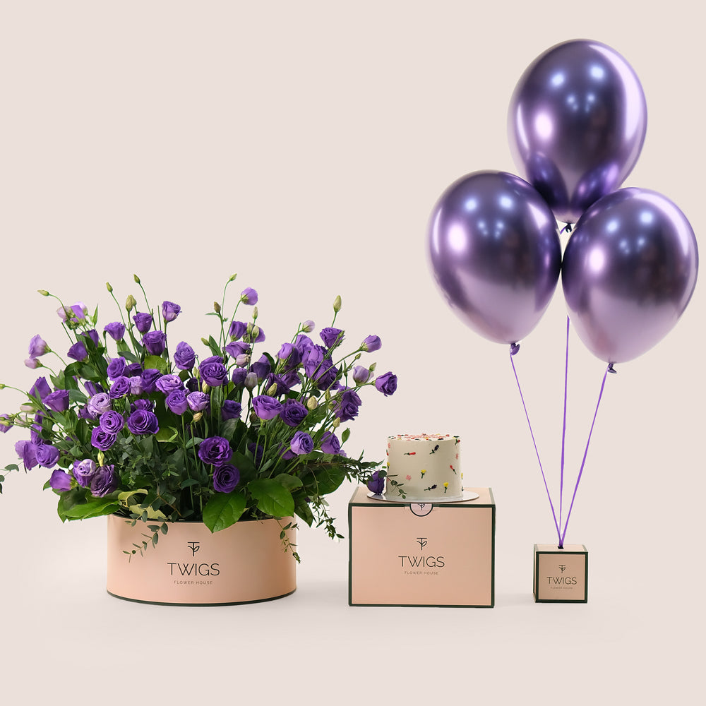 Purple Majesty Birthday Box – Luxurious Flowers, Cake & Balloons – A Royal Celebration in Bloom