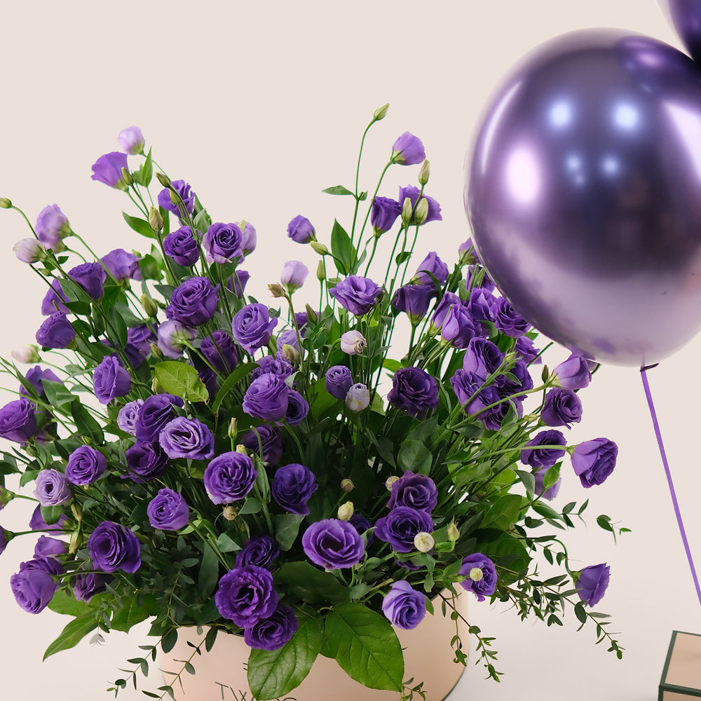 Purple Majesty Birthday Box – Luxurious Flowers, Cake & Balloons – A Royal Celebration in Bloom