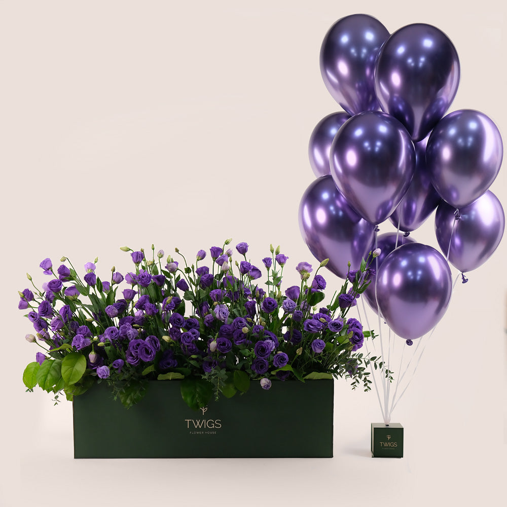 purple flowers with matching balloons twigs.ae 