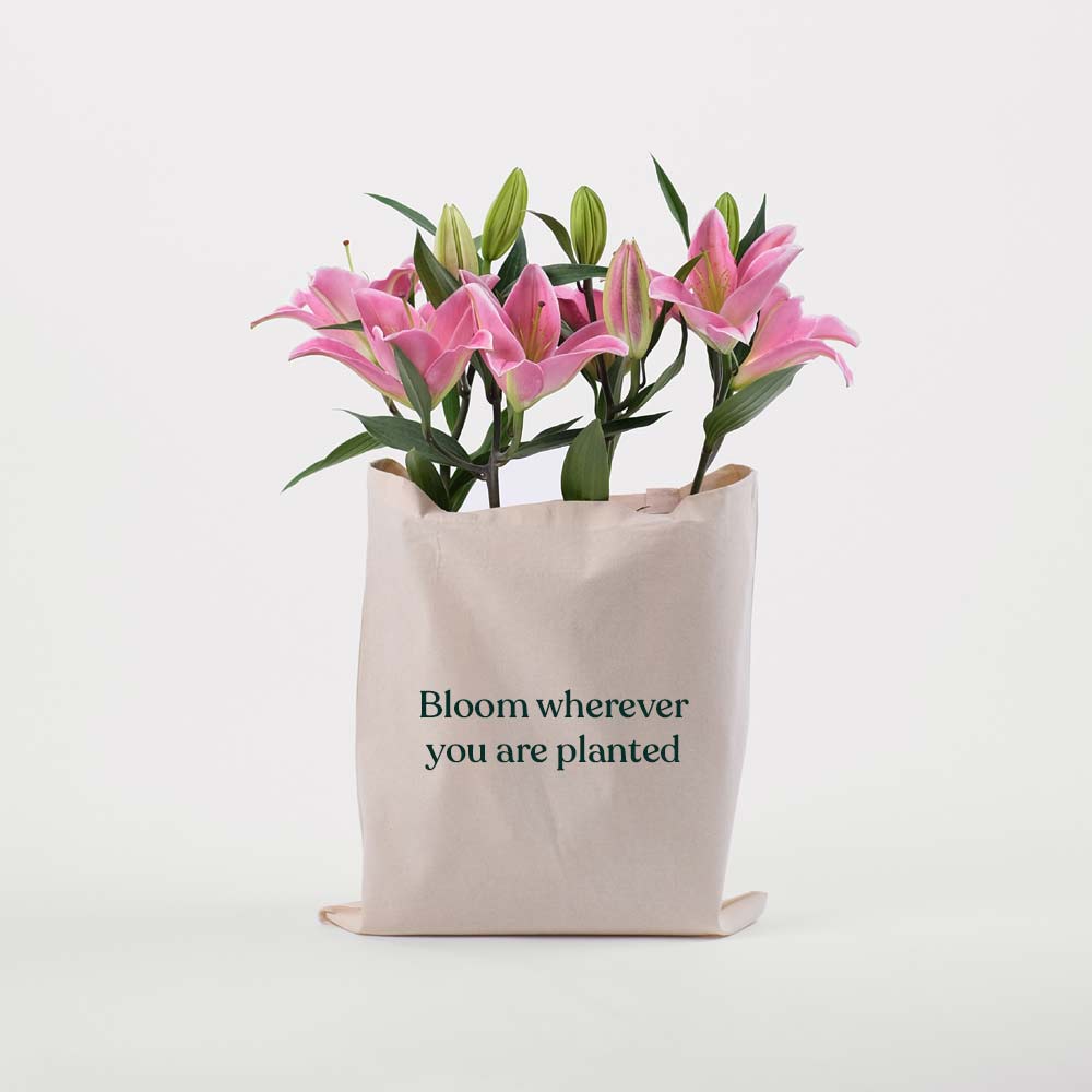 Pink Lilies in a Reusable Canvas Tote – Graceful Blooms with a Touch of Practicality