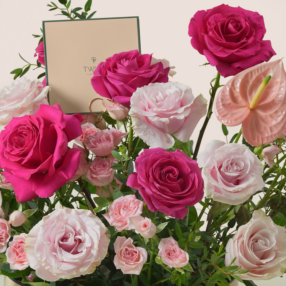 Blush anthurium and pink rose grande round flower box by TWIGS UAE