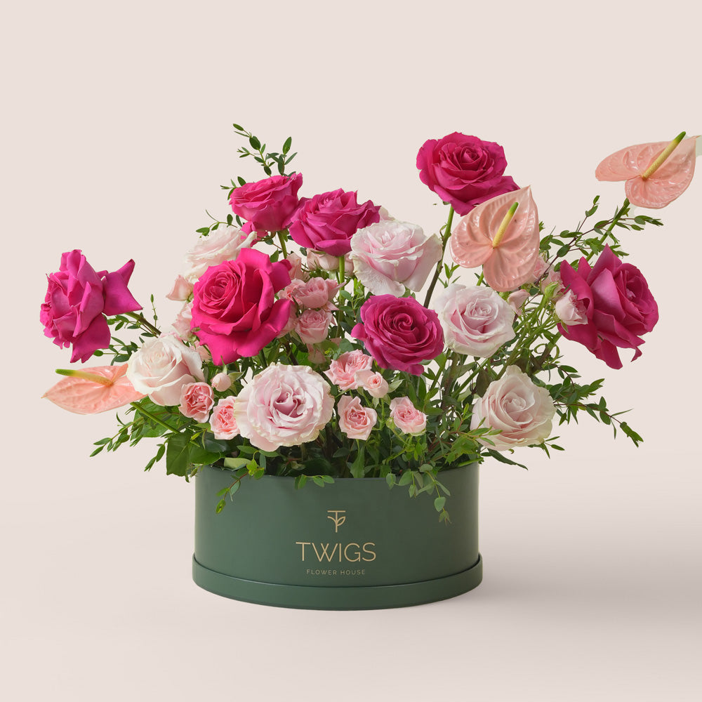Blush anthurium and pink rose grande round flower box by TWIGS Dubai