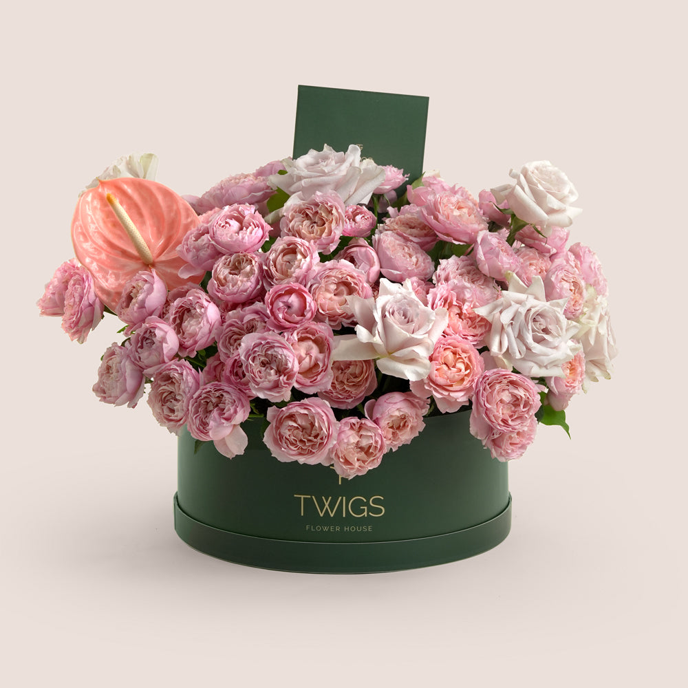 Pink and blush rose Grande round box with peach anthurium in TWIGS beige packaging — same-day Eid flower delivery UAE