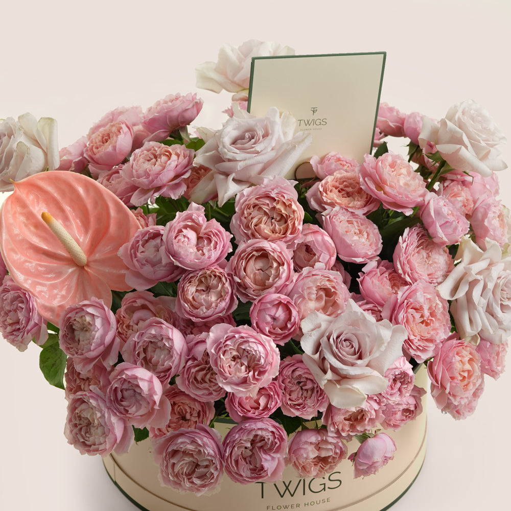 Thuraya ثريا Grande Round Flower Box · Juliet Spray Roses, Quicksand Garden Roses & Peach Anthurium