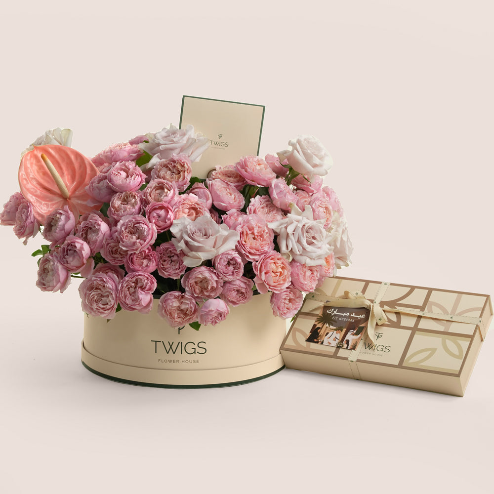 Thuraya Grande green round flower box with TWIGS 32-piece premium chocolate box — Eid Al Adha gift set Dubai