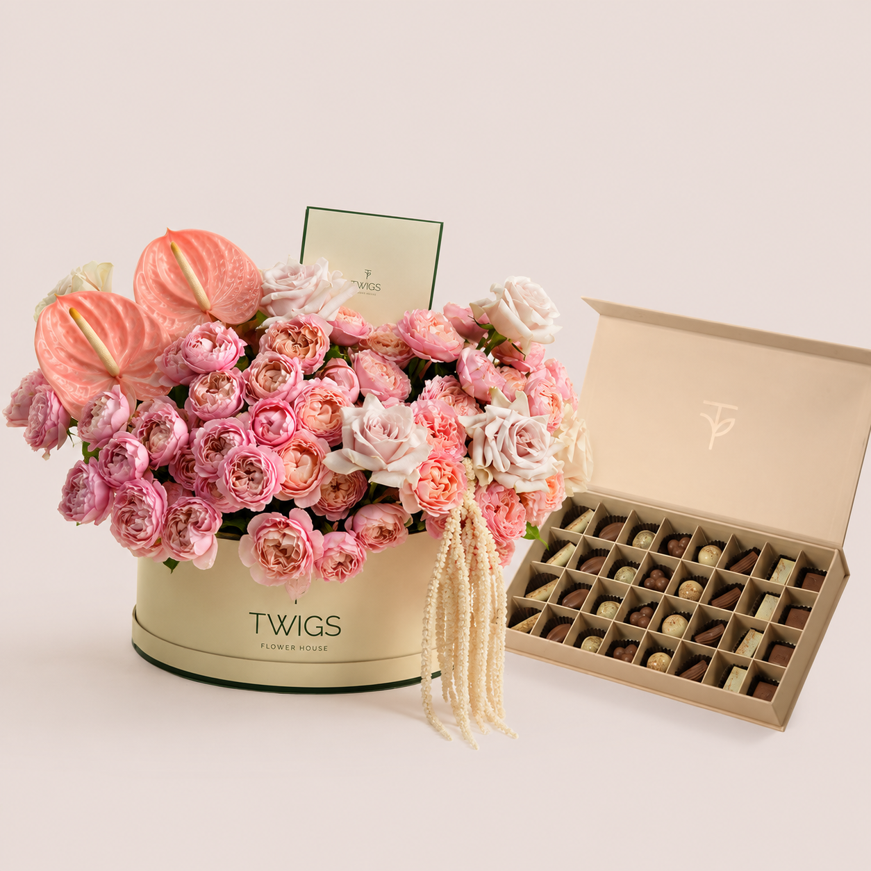 Thuraya ثريا & Chocolates Grande Round Flower Box · Juliet & Quicksand Roses · TWIGS 32-Piece Premium Chocolate Box.