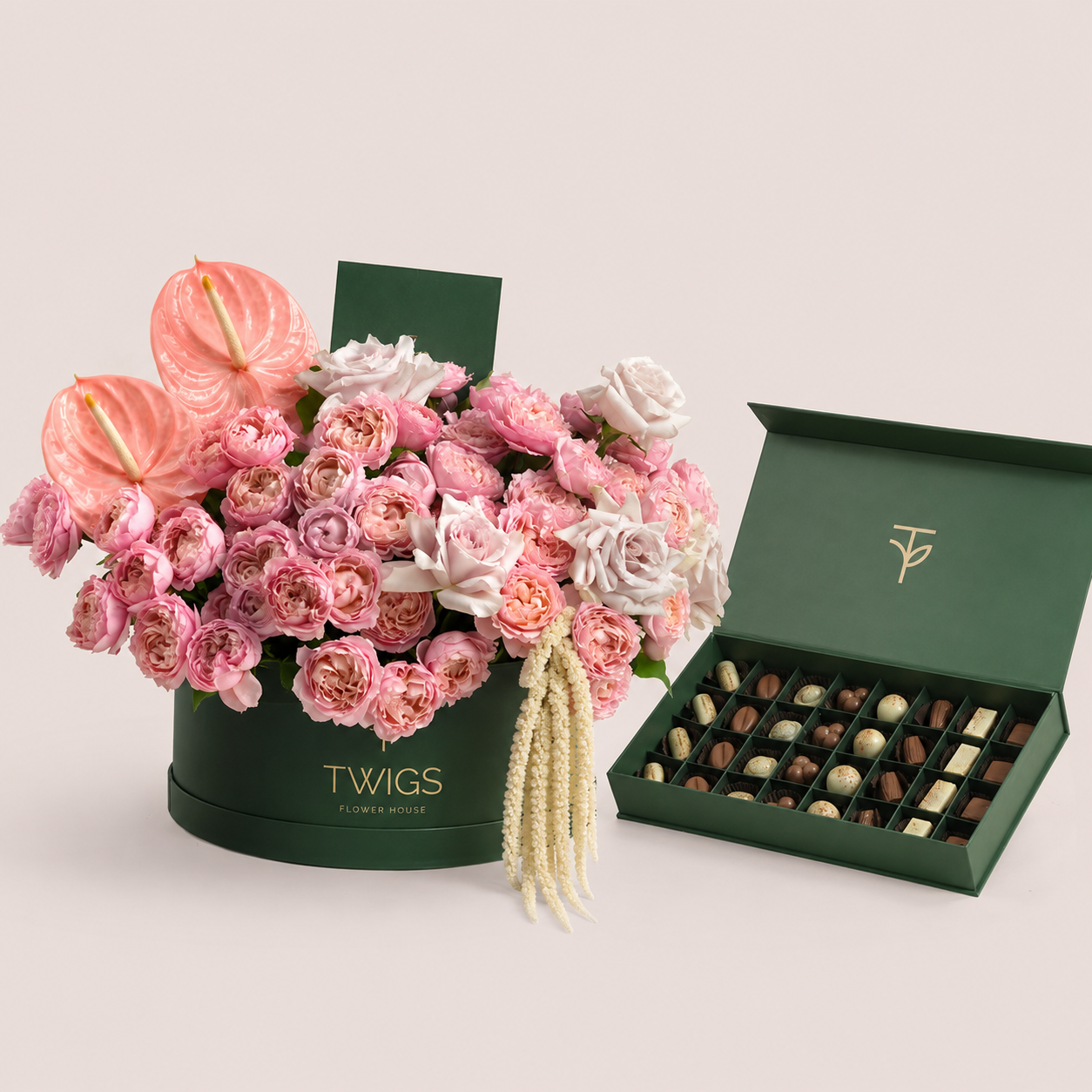 Thuraya ثريا & Chocolates Grande Round Flower Box · Juliet & Quicksand Roses · TWIGS 32-Piece Premium Chocolate Box.