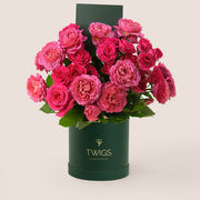 Fuchsia Charm Flower Box – Juliet Cerise & Spray Roses in Deluxe Round Box