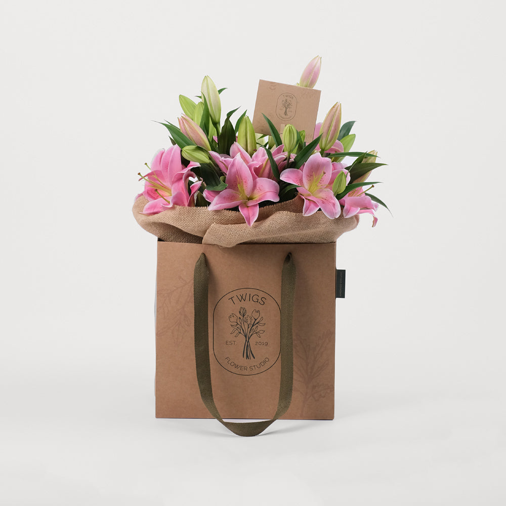 Lilies Pink Flowers Bouquet In A Bag