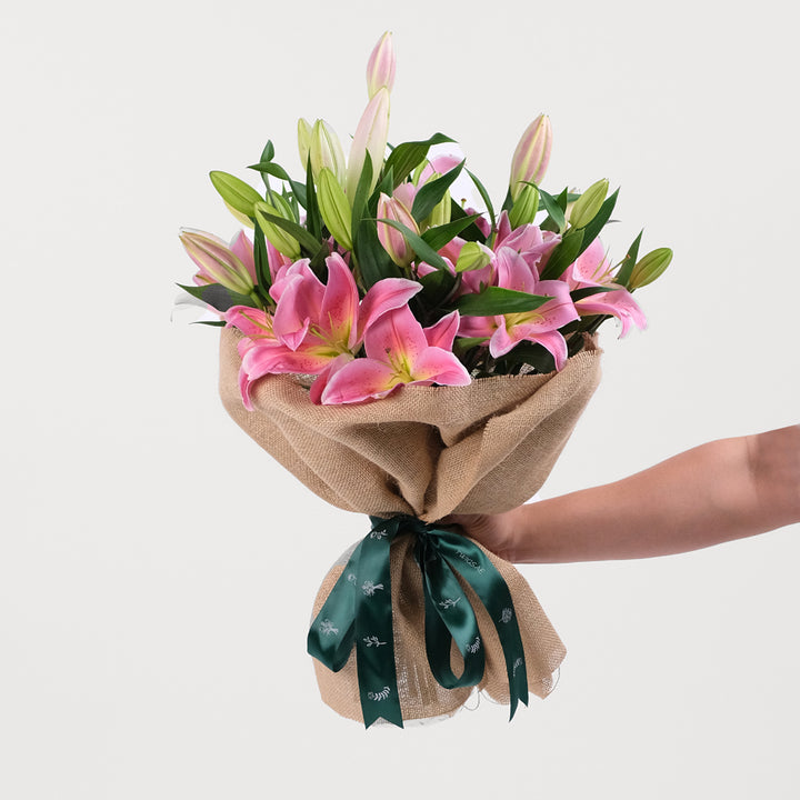 Lilies Pink Flowers Bouquet In A Bag