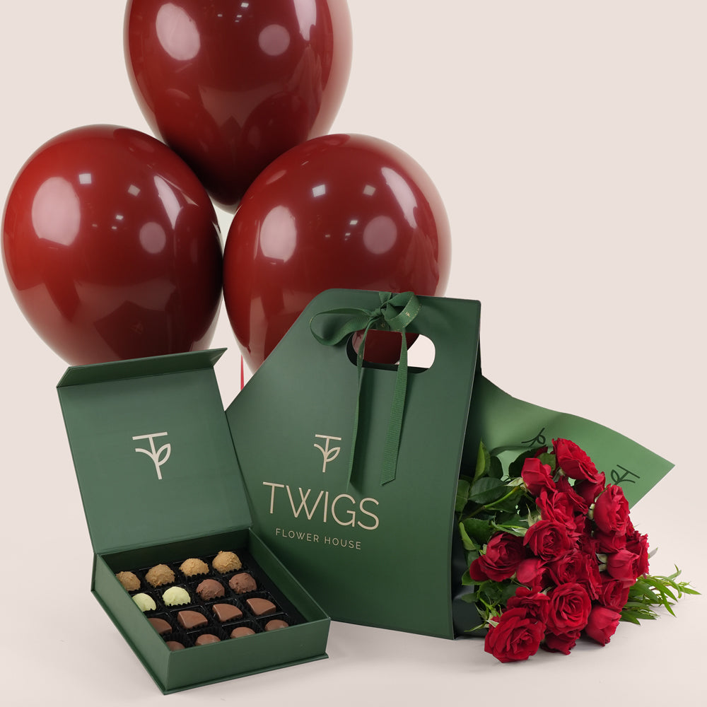 Premium dubai chocolates with red roses bunch