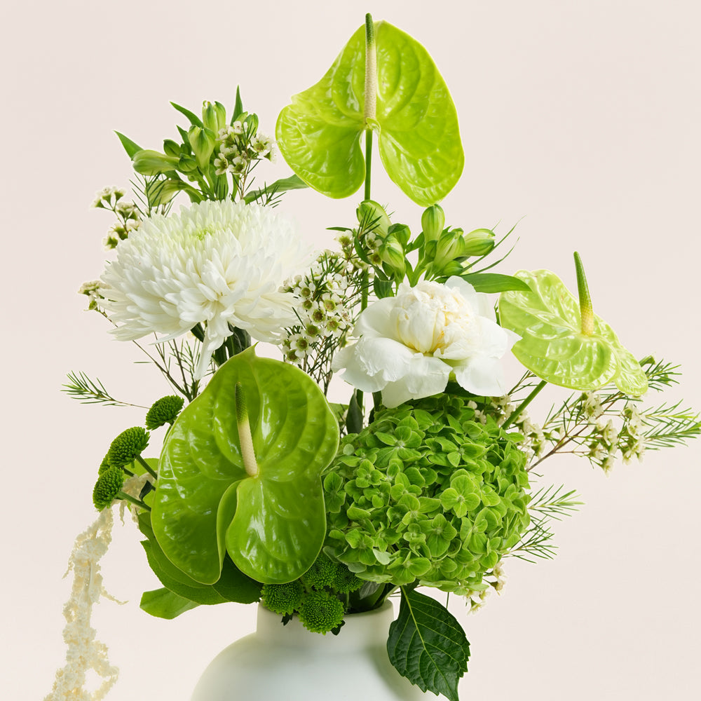 Rif green and white six-botanical arrangement in TWIGS matte ceramic vase with trailing ribbon — same-day Eid gift delivery UAE