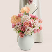 Blush roses and peach anthurium arrangement in TWIGS white matte ceramic vase — Eid Al Adha flower delivery Dubai