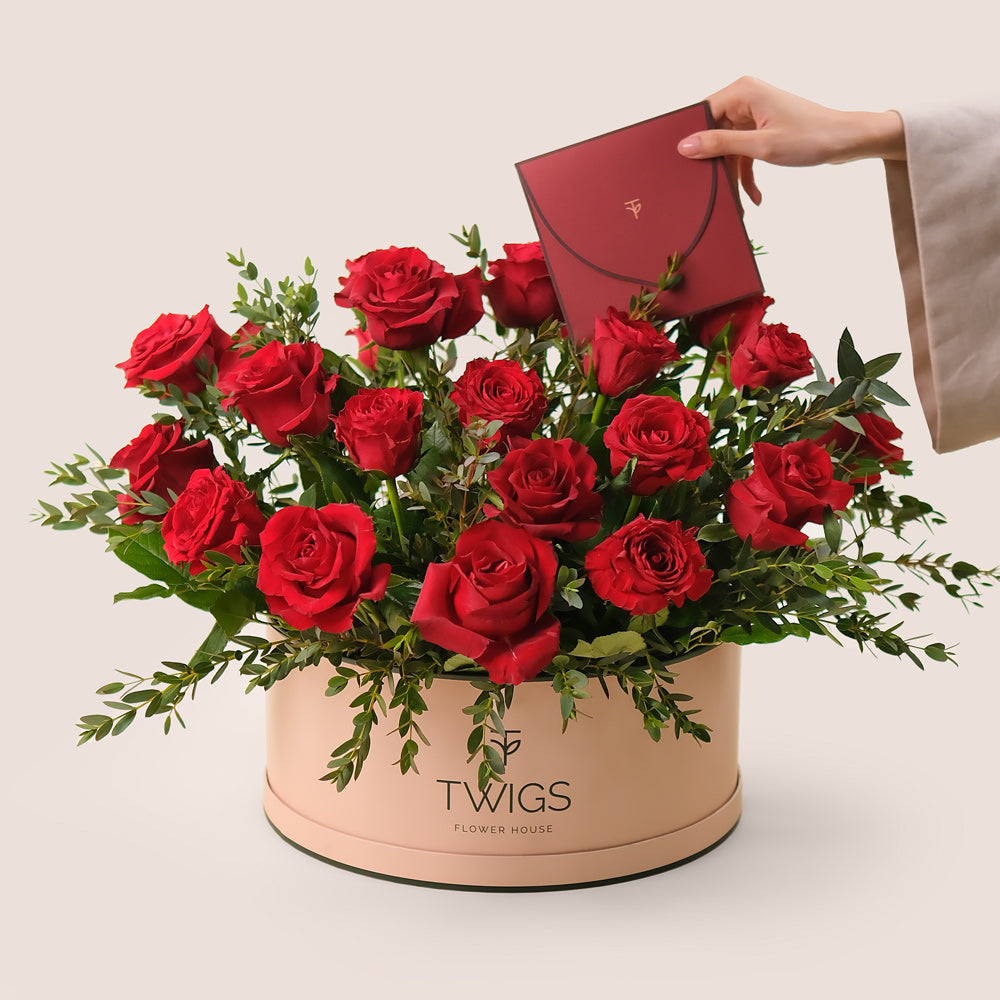 Luxury red roses in signature TWIGS box for romantic gifting
