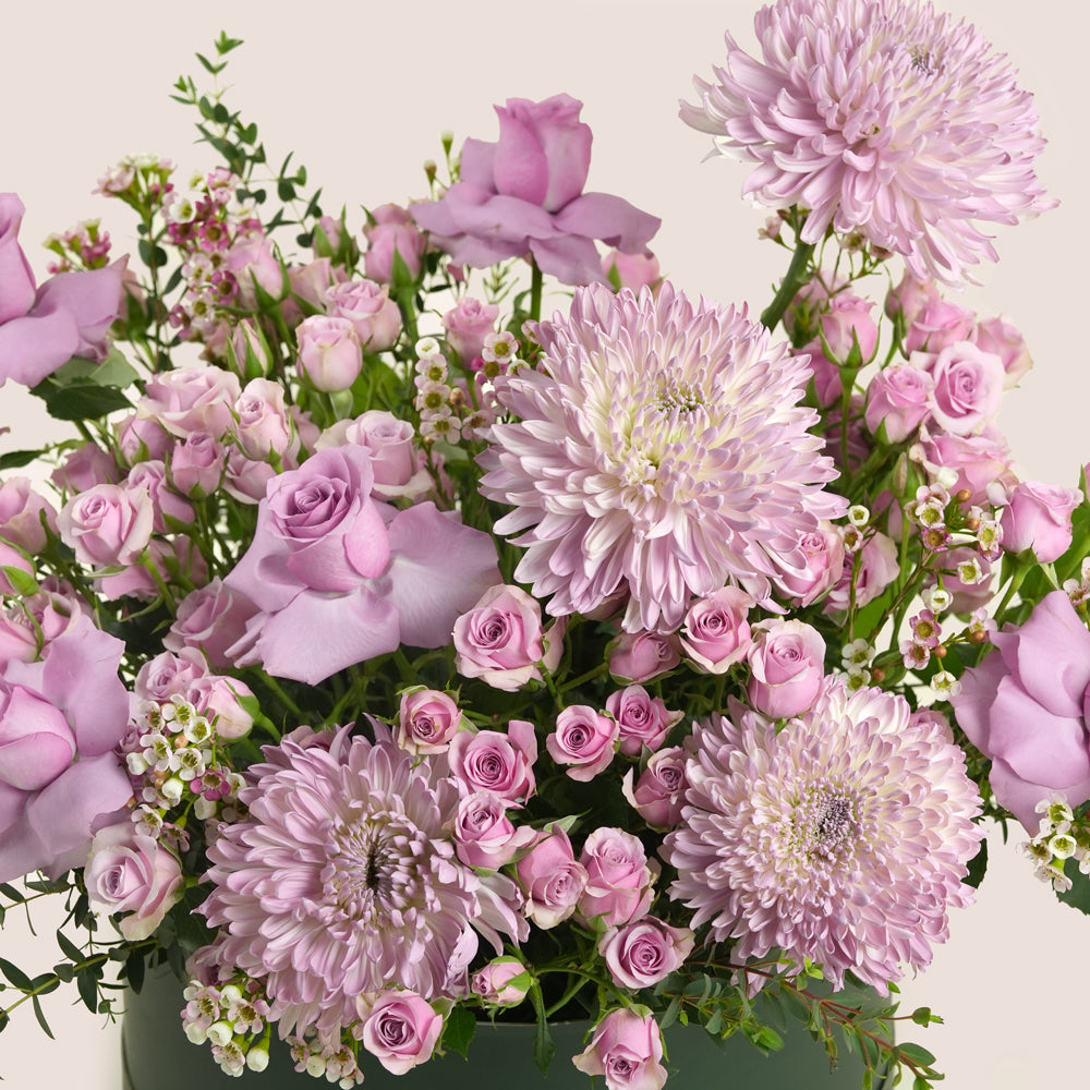 Emirati Women's Day lavender roses and purple chrysanthemums arranged in a TWIGS square flower box, Green and Beige options