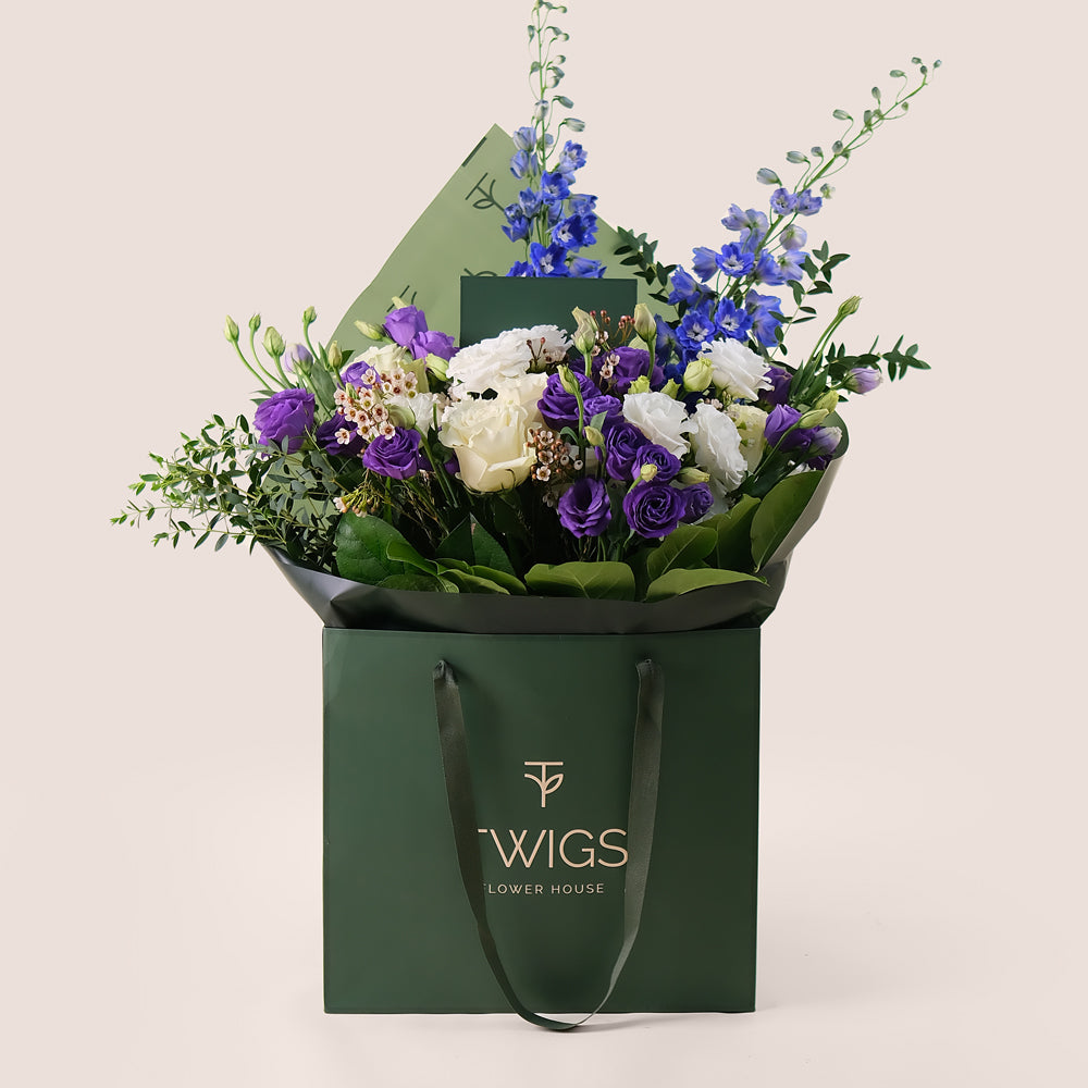 Purple Bliss Bouquet – Mixed Flowers in TWIGS Carry Bag