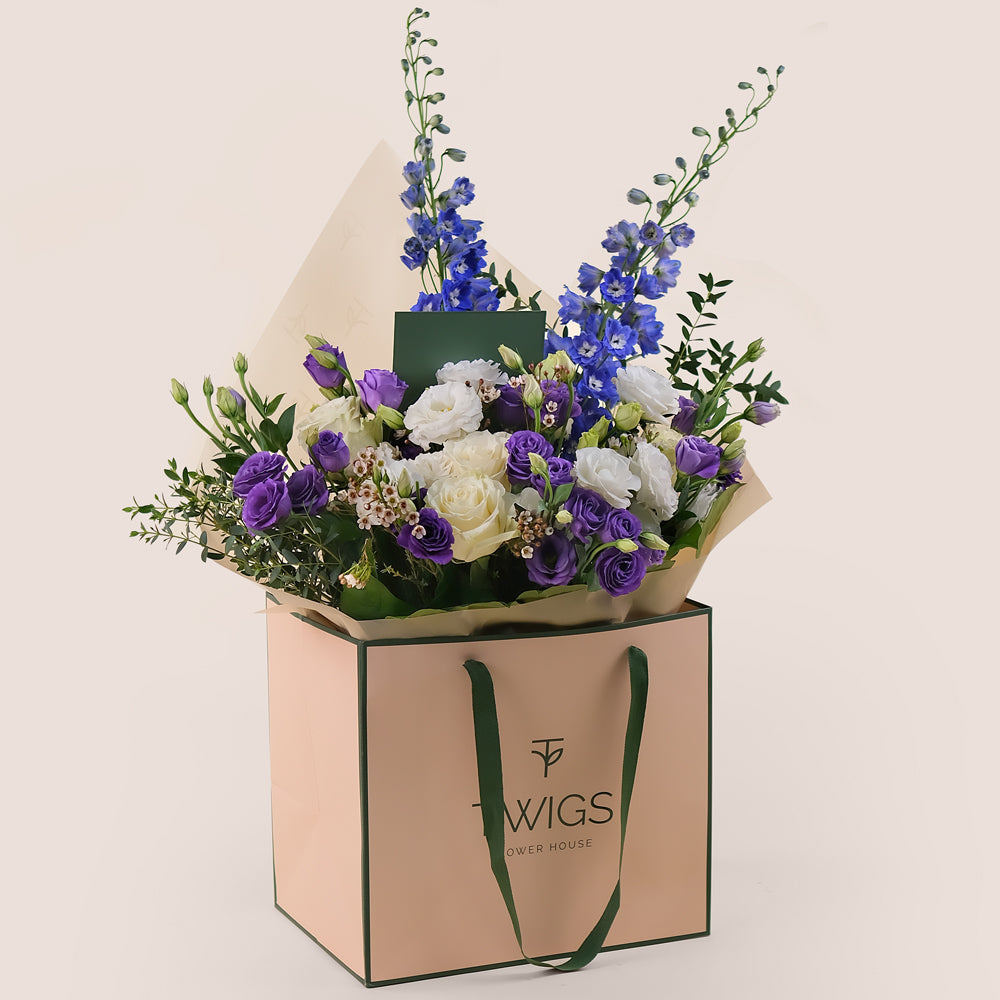 Purple Bliss Bouquet – Mixed Flowers in TWIGS Carry Bag