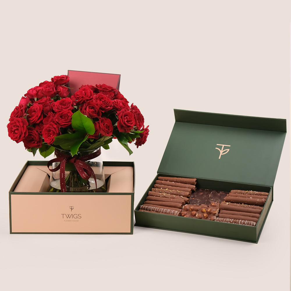 Lovers' Delight – Red Roses in a Vase with Deluxe Artisan Chocolate Gift Box