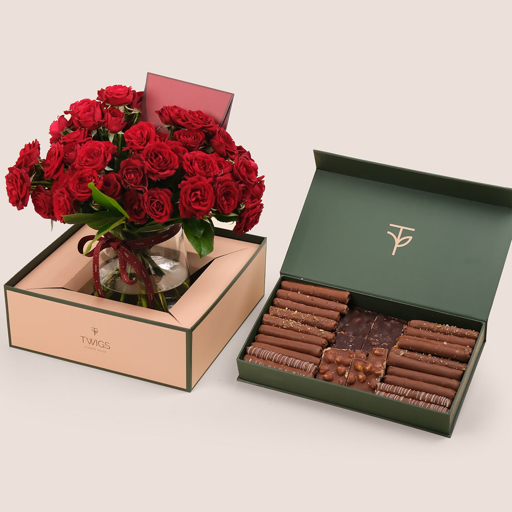 Lovers' Delight – Red Roses in a Vase with Deluxe Artisan Chocolate Gift Box