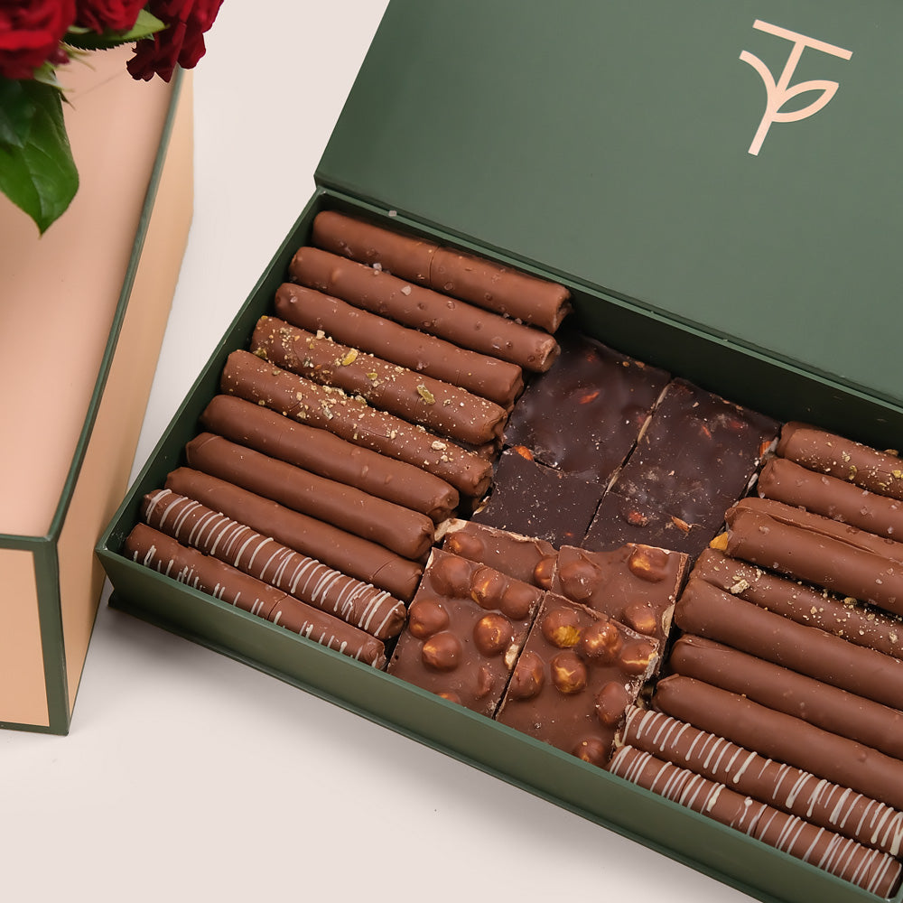 Lovers' Delight – Red Roses in a Vase with Deluxe Artisan Chocolate Gift Box