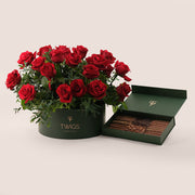 Close-up of red roses arrangement in TWIGS flower box - romantic Valentine's gift UAE
