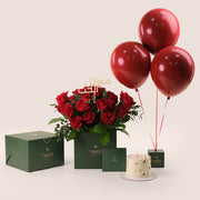 Red Roses Celebration Bundle – Flowers, Cake & Balloons– A Luxurious and Heartfelt Gift