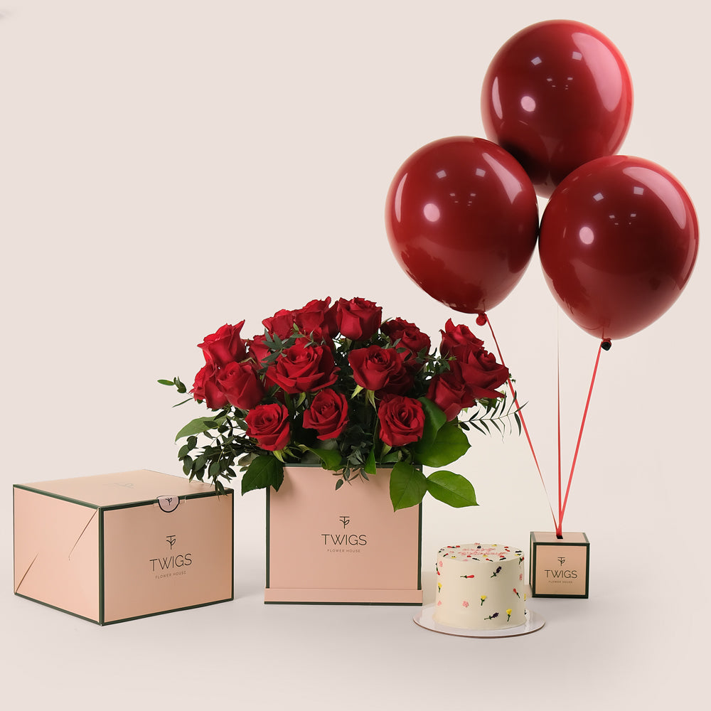 Red Roses Celebration Bundle – Flowers, Cake & Balloons– A Luxurious and Heartfelt Gift