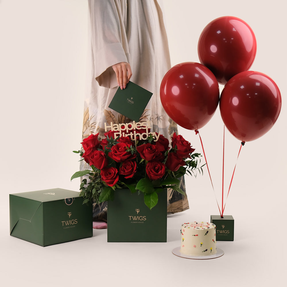 Red Roses Celebration Bundle – Flowers, Cake & Balloons– A Luxurious and Heartfelt Gift