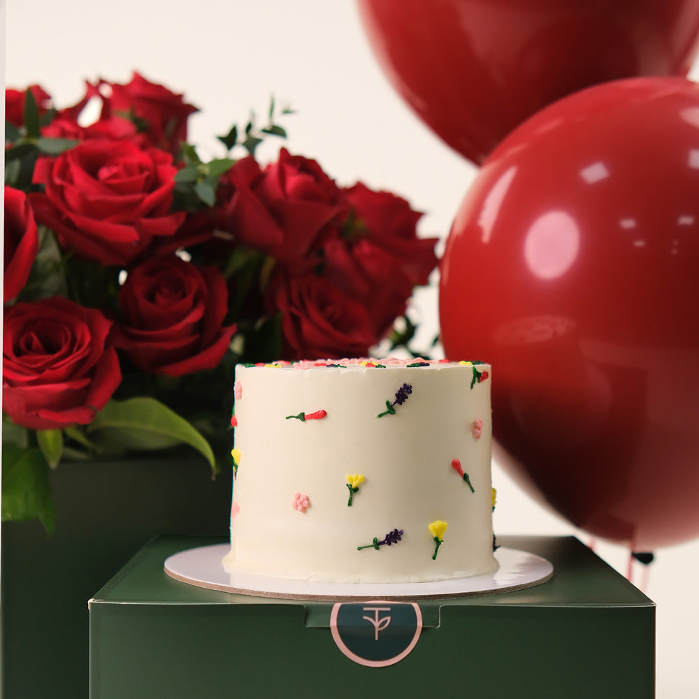 Red Roses Celebration Bundle – Flowers, Cake & Balloons– A Luxurious and Heartfelt Gift