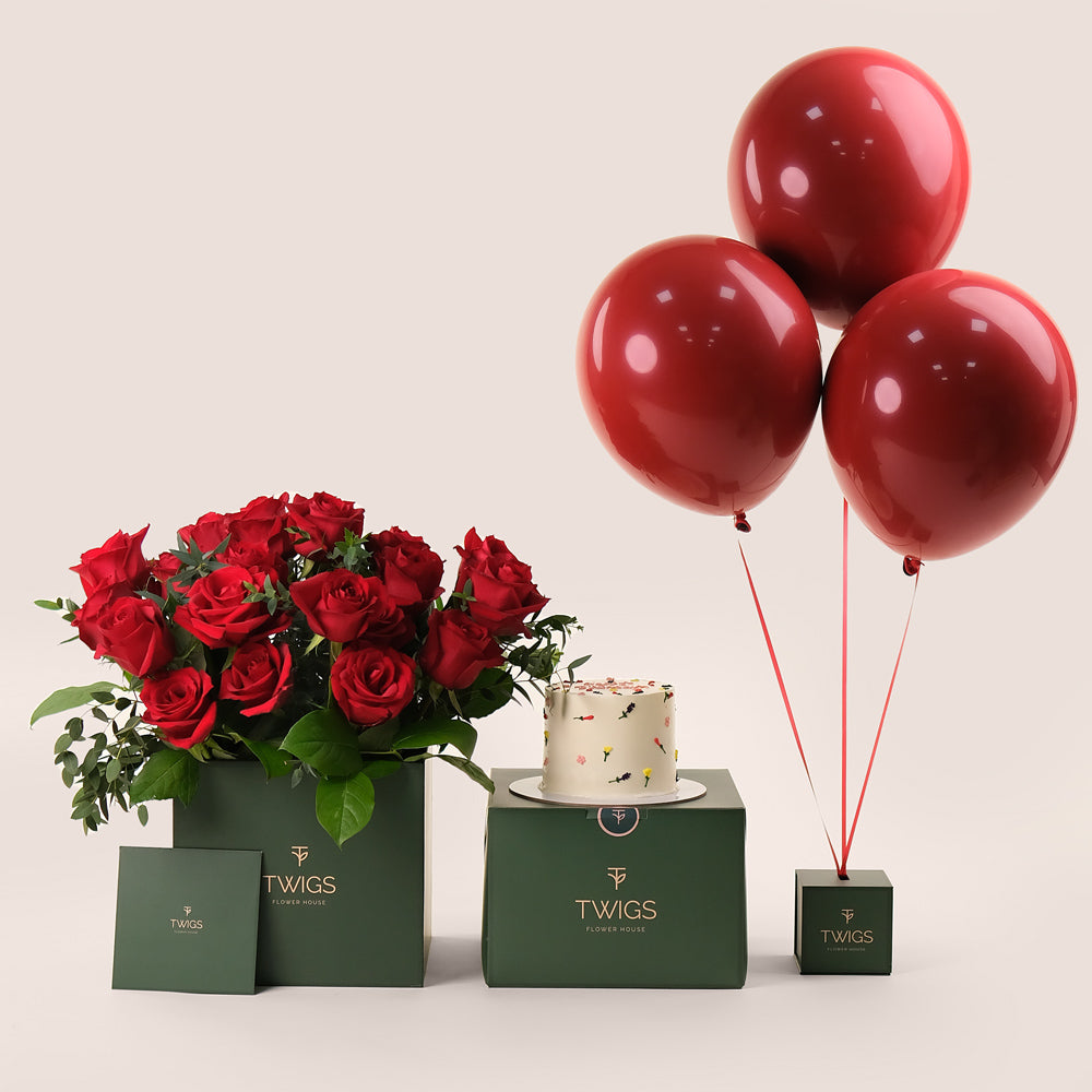 Red Roses Celebration Bundle – Flowers, Cake & Balloons– A Luxurious and Heartfelt Gift