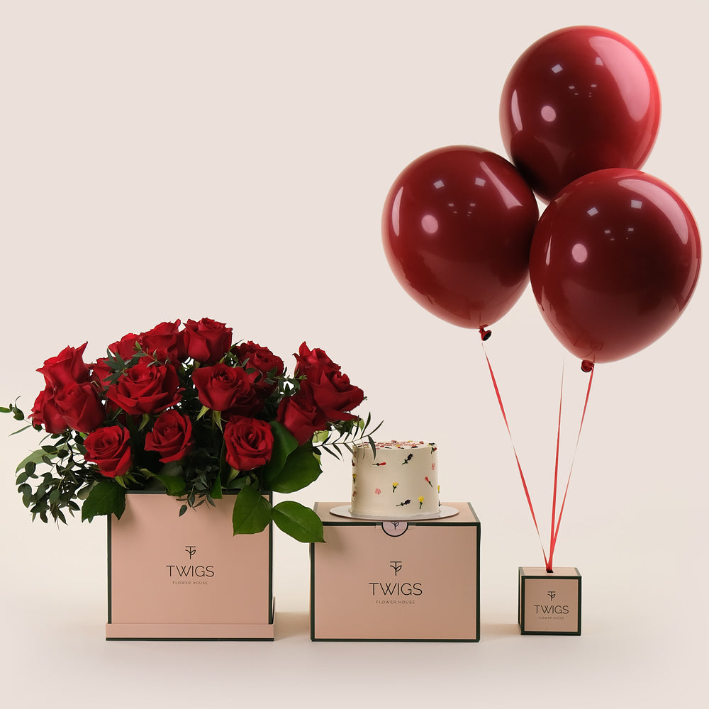 Red Roses Celebration Bundle – Flowers, Cake & Balloons– A Luxurious and Heartfelt Gift