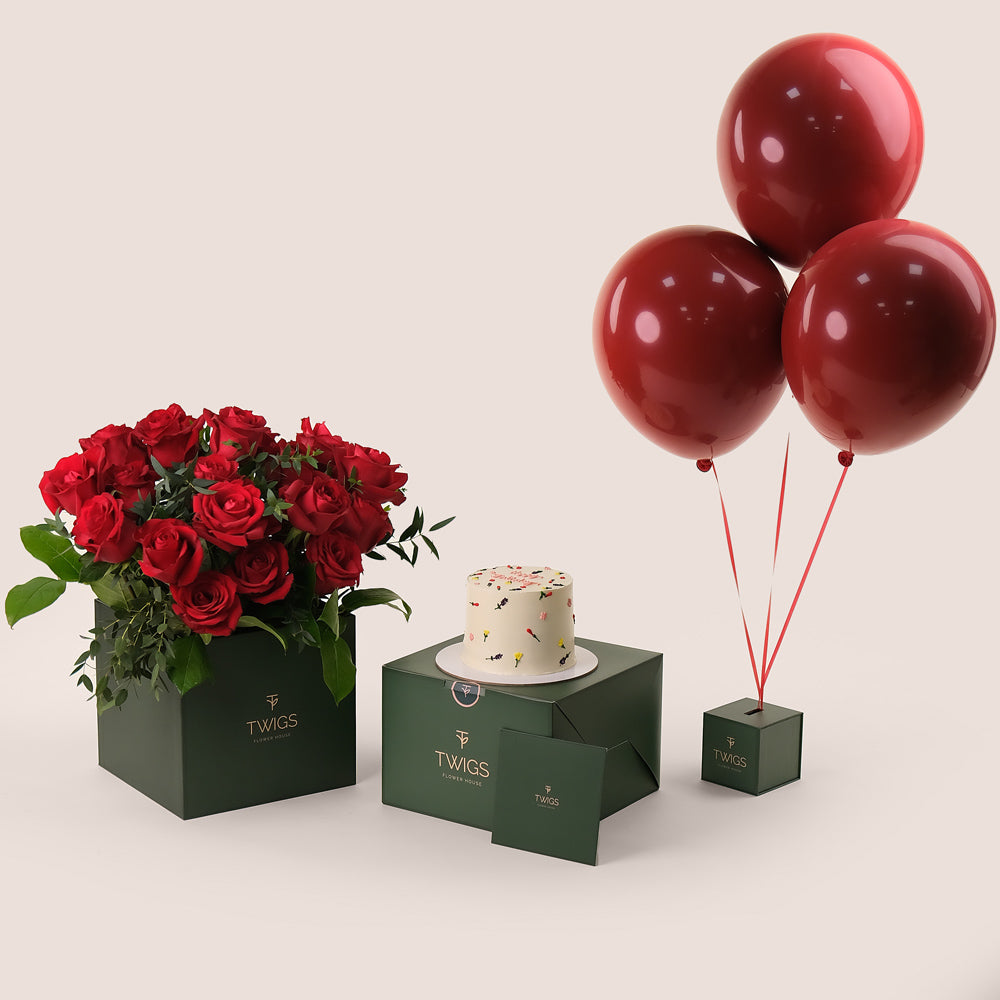 Red Roses Celebration Bundle – Flowers, Cake & Balloons– A Luxurious and Heartfelt Gift